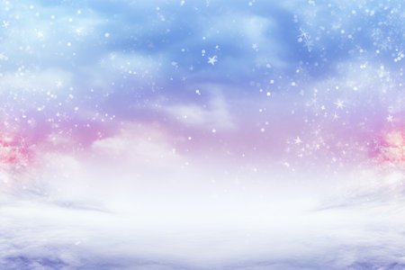 Winter sky background with snowflakes. Christmas or New Year background.の素材