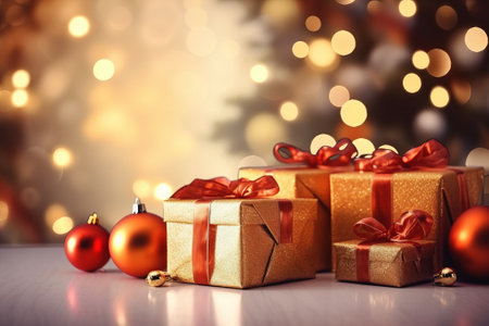 Gift boxes and christmas baubles on bokeh backgroundの素材