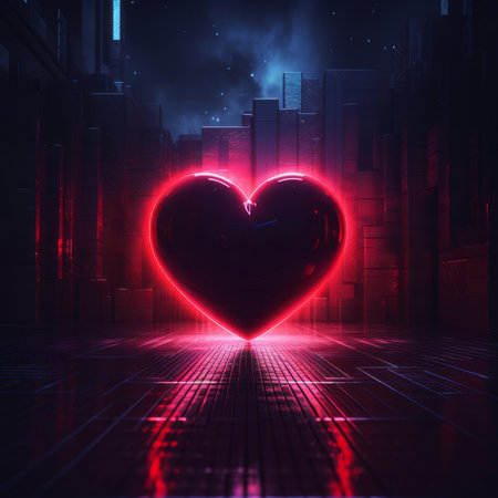 Futuristic red heart on the background of the city. 3d renderingの素材