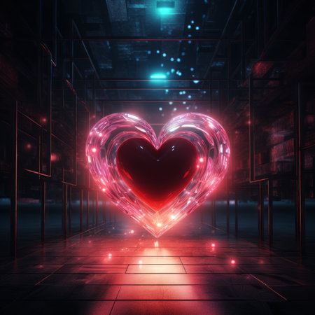 Glowing heart shape in a warehouse. 3d rendering toned imageの素材