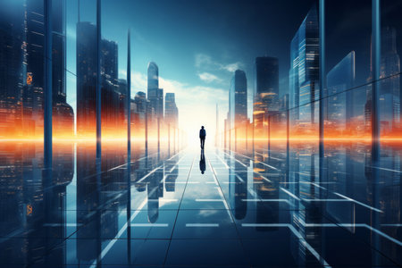 Businessman walking in a modern city at night. 3D renderingの素材