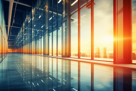 interior of modern office building with glass windows and cityscape at sunsetの素材