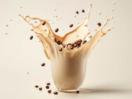 Splash of milk in glass with coffee beans on beige backgroundの素材