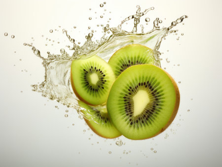 Kiwi fruit in water splash on white background. Toned.の素材