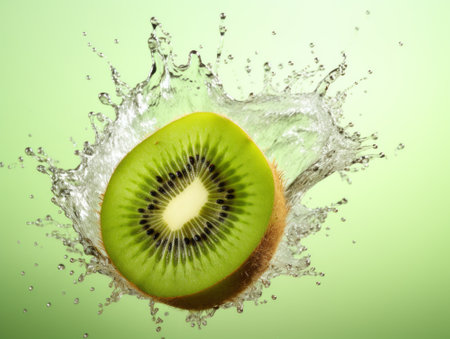 Kiwi fruit with water splash on green background, close upの素材