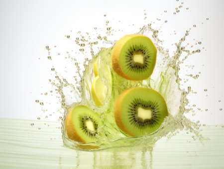 Water splash with kiwi fruit and apple on the white backgroundの素材
