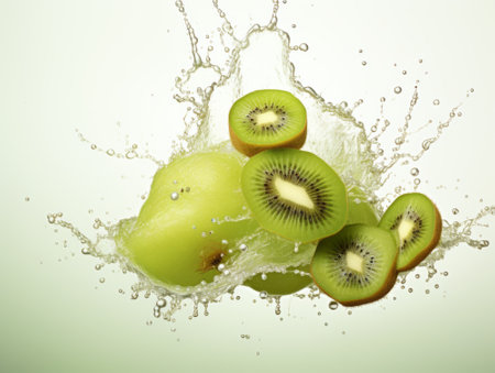 Kiwi fruit with water splash on white background. Toned.の素材