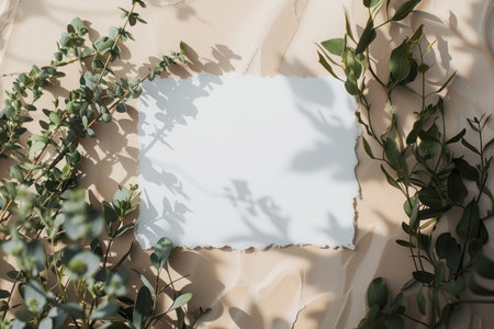Eucalyptus leaves and paper sheet on beige backgroundの素材