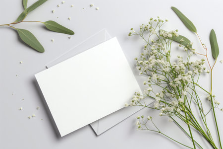 Flowers composition. Greeting card, envelope and gypsophila flowers on white background. Flat lay, top view, copy spaceの素材