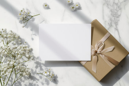 Gift box and white flowersle background. Flat lay, top viewの素材