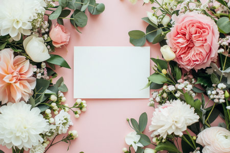 Flowers composition. Frame made of flowers on pastel pink background. Flat lay, top view, copy spaceの素材