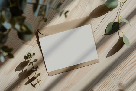 Envelope with blank paper sheet and eucalyptus branch on wooden backgroundの素材
