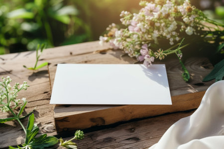Blank white business card on wooden table with spring flowers background.の素材