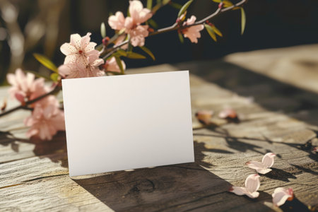 Blank business card on rustic wooden table with spring cherry blossomsの素材