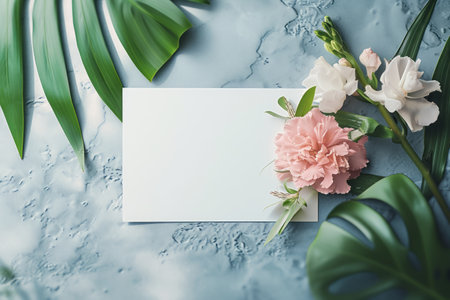 Flowers composition. Wedding invitation mockuple background. Flat lay, top viewの素材