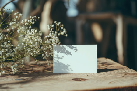Blank business card with white flowers on wooden table in cafe.の素材
