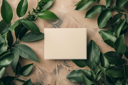 Blank business card and green leavesle background, top viewの素材
