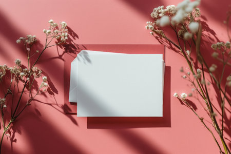 top view of blank card with gypsophila flowers on pink backgroundの素材