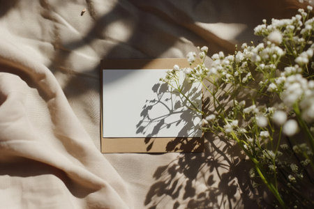 Blank greeting card mockup with gypsophila flowers on linen background.の素材