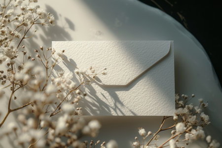 White paper envelope with dry gypsophila flowers on black backgroundの素材