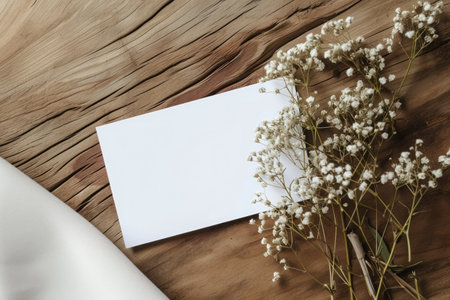 Blank paper with white gypsophila flowers on wooden backgroundの素材