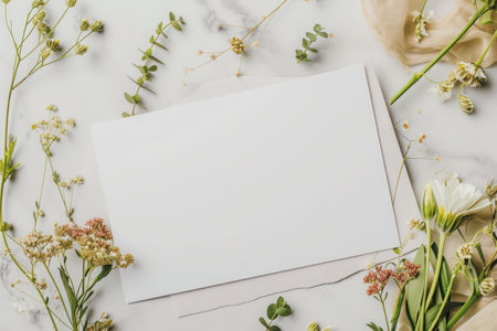 Blank paper card mockup with gypsophila flowersle backgroundの素材