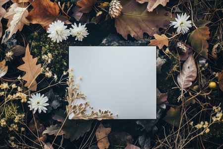 Blank white card with autumn leaves and flowers on the ground.の素材