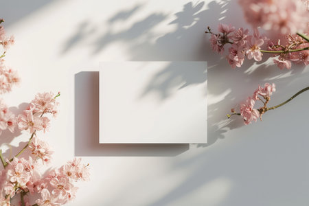 Blank business card mockup with cherry blossom flowers on white backgroundの素材