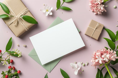 Flat lay composition with envelope, gift box and flowers on pink background