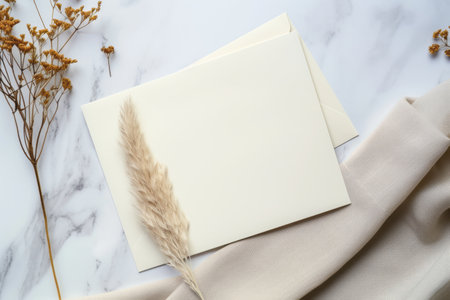 Blank paper with dried flowersle background, flat lay.の素材