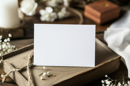 Blank greeting card on a rustic wooden background, selective focusの素材