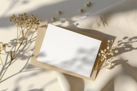 Design concept - top view of blank photo frame and dried flowers on white background for mockupの素材
