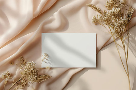 Blank card with dried flowers on beige satin cloth backgroundの素材