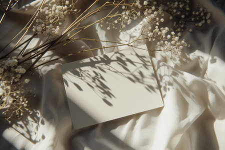 White wedding invitation card mockup with gypsophila flowers.の素材