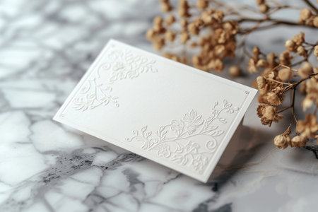 Blank business cardle table, closeup. Wedding invitationの素材