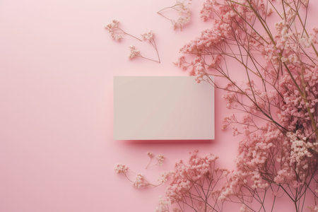 Flowers composition. Greeting card on pink background. Flat lay, top view, copy spaceの素材