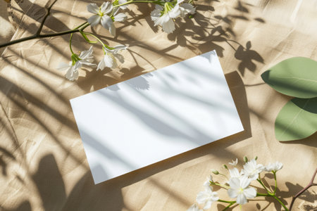 Blank greeting card with white flowers on beige background. Flat lay, top view.の素材