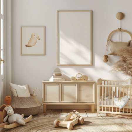 Mock up poster frame in children room interior background, 3D renderの素材