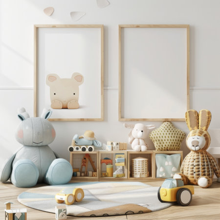 Mock up poster frame in children room interior background, 3d renderの素材