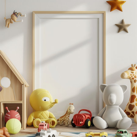 Mock up poster frame in children room interior background, 3d renderの素材