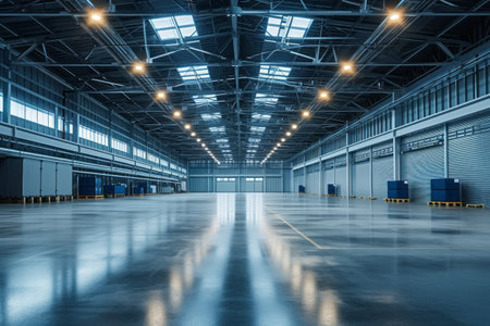 Warehouse interior with empty shelves and blue floor. 3d renderingの素材