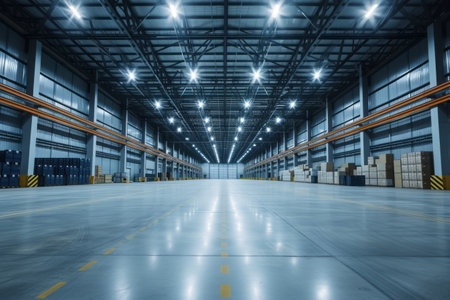 Empty warehouse with car lights in the evening. 3d rendering.の素材
