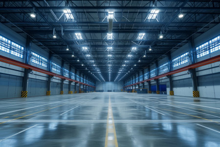 Interior of a large warehouse with lights, 3d render.の素材