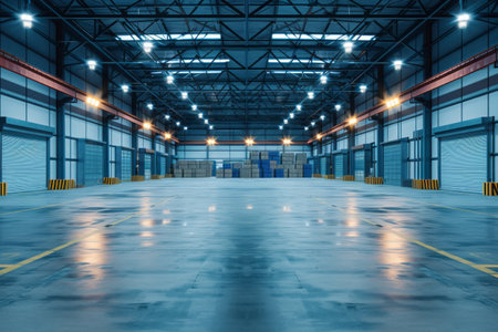3d rendering empty warehouse or warehouse with lights and reflections in the floorの素材