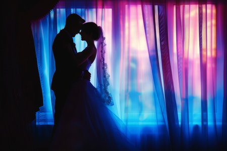silhouette of the bride and groom in a room with curtainsの素材