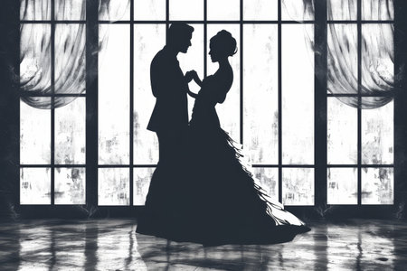 Silhouettes of a bride and groom in a room with large windowsの素材