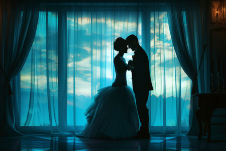 Silhouette of a bride and groom on the background of the windowの素材