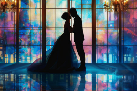 Silhouette of a bride and groom on the background of the windowの素材