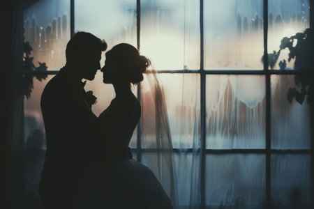 Silhouette of a bride and groom in the background of the windowの素材