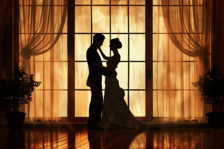 Silhouette of a newlywed couple dancing in the room.の素材